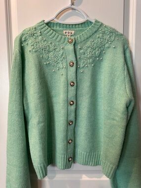 POL Mint Green Floral Pearl-Embellished Crewneck Cardigan